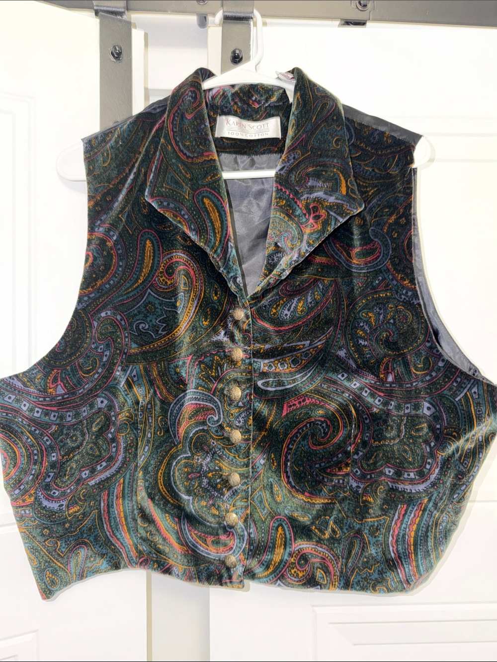 Karen Scott Velvet Paisley Button-Front Vest in Green and Multicolor
